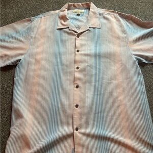 Men’s Sz XL 100% silk Tommy Bahama unique Blue and Pink Striped Casual Shirt